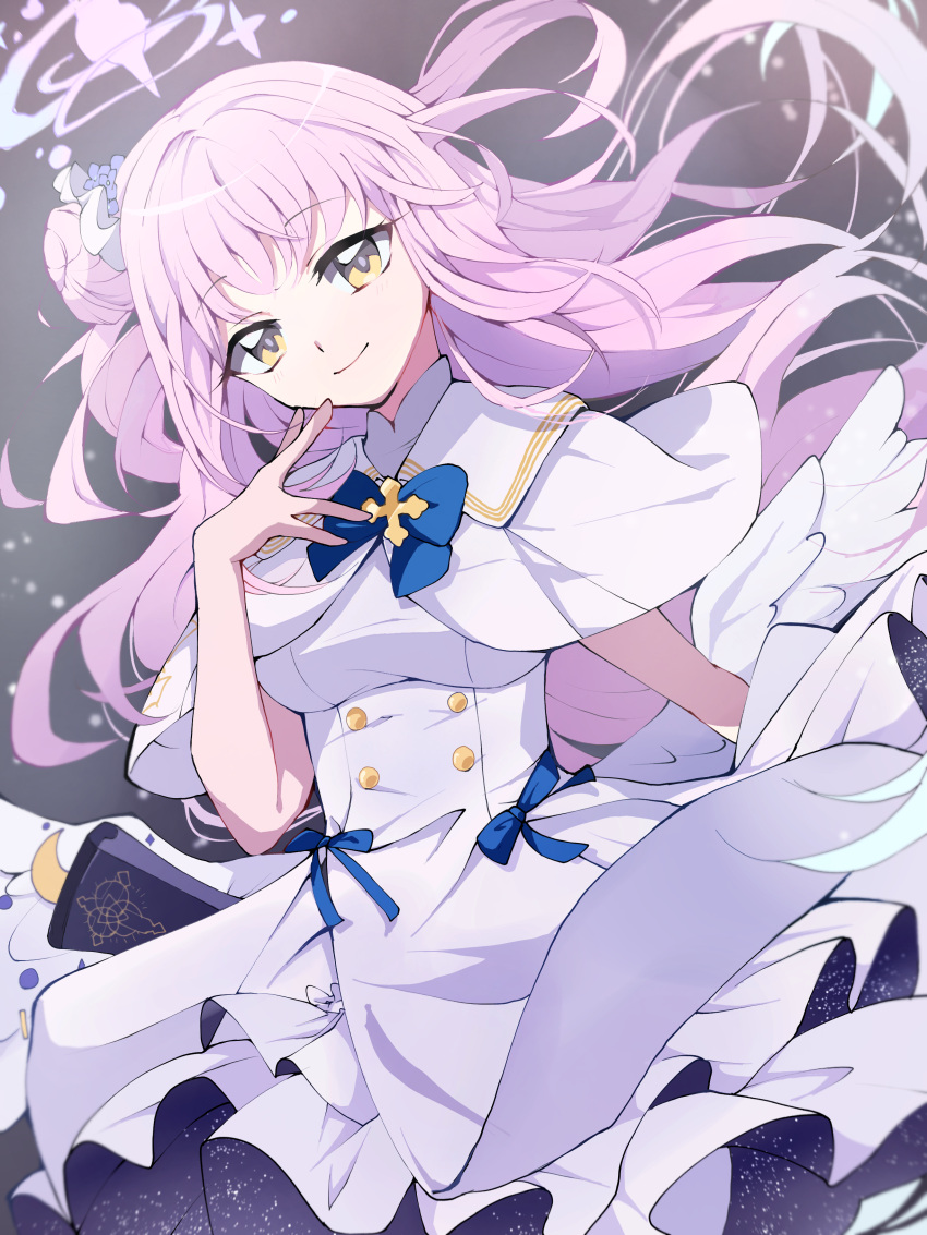 1girl, absurdres, angel_wings, blue_archive, blue_bow, blue_bowtie, bow, bowtie, capelet, commentary_request, dress, flower, gun, hair_bun, hair_flower, hair_ornament, hair_scrunchie, halo, highres, lanchester_smg, long_hair, looking_at_viewer, low_wings, mika_(blue_archive), pink_hair, scrunchie, single_hair_bun, smile, solo, submachine_gun, toyosu, weapon, white_capelet, white_dress, white_wings, wings, yellow_eyes