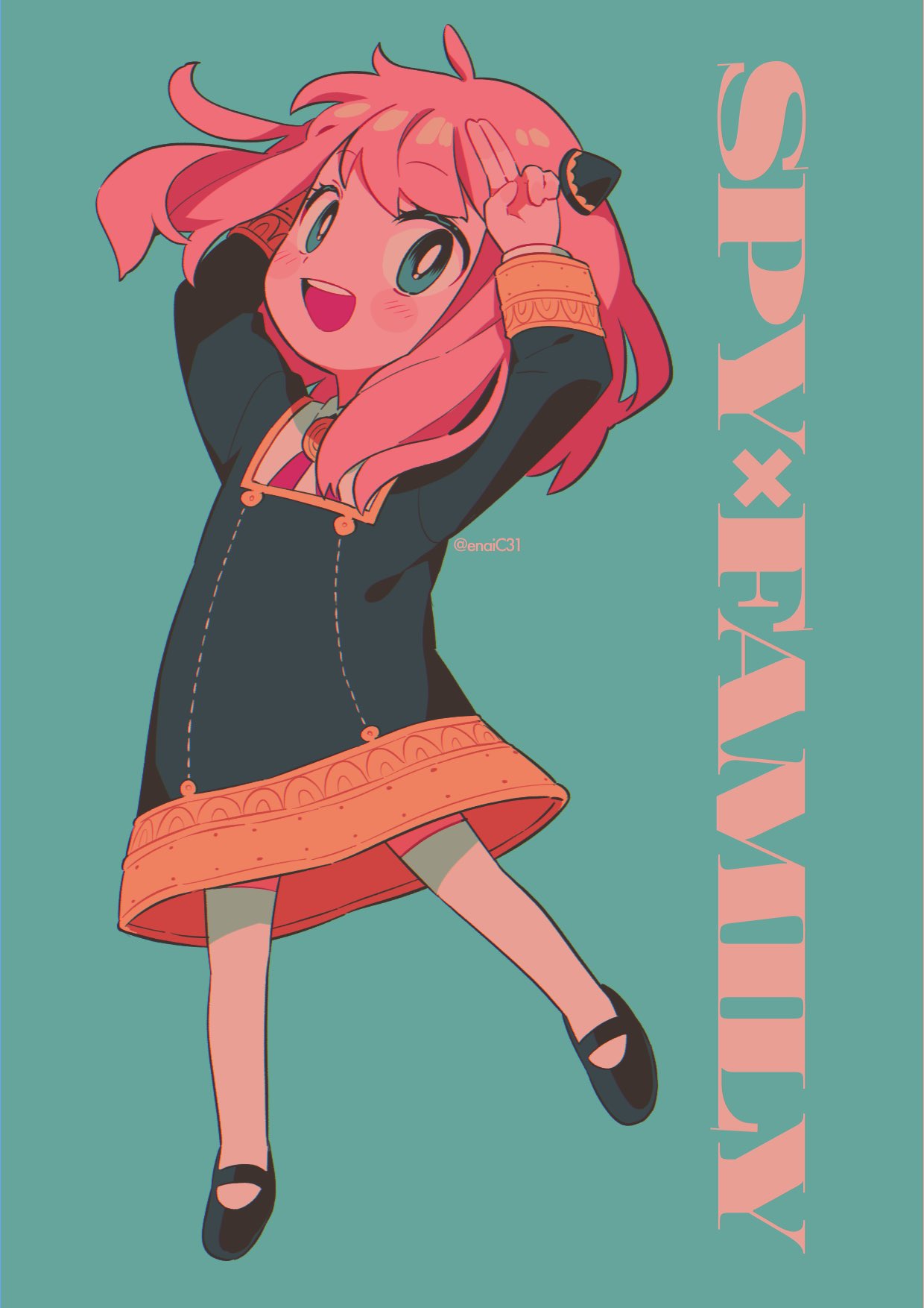 1girl, :d, ahoge, anya_(spy_x_family), bangs, black_dress, black_footwear, blush