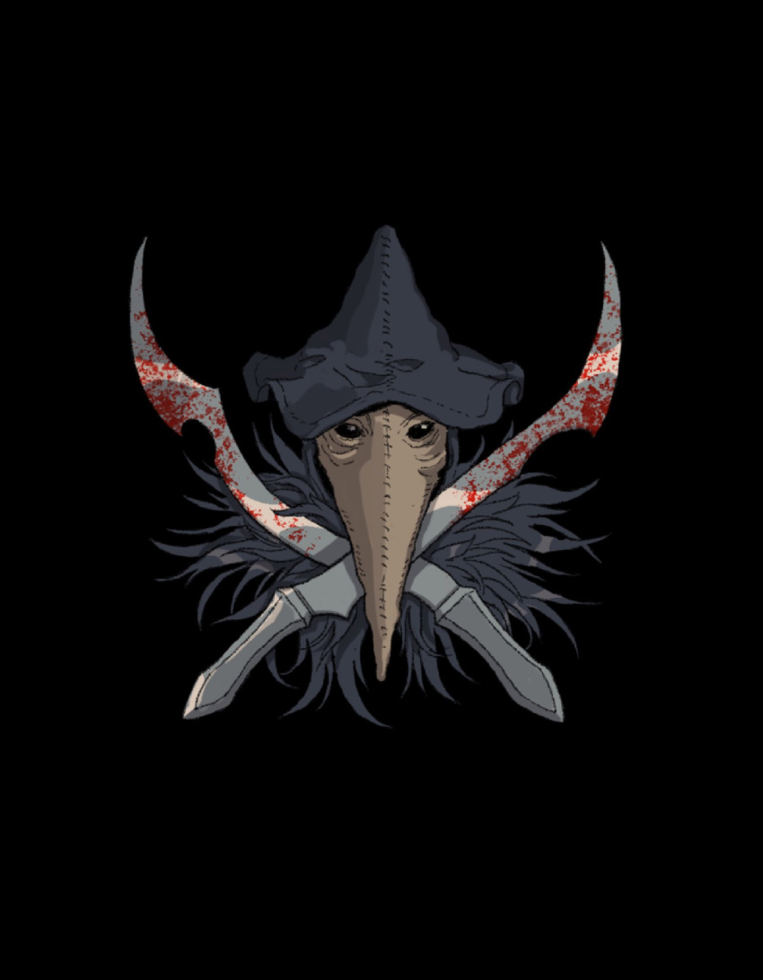 1girl, black_background, black_eyes, black_headwear, blood, blood_on_weapon, bloodborne, commentary, cropped_shoulders, eileen_the_crow, feather_trim, hat, highres, kiana_hamm, plague_doctor_mask, simple_background, solo, sword, weapon