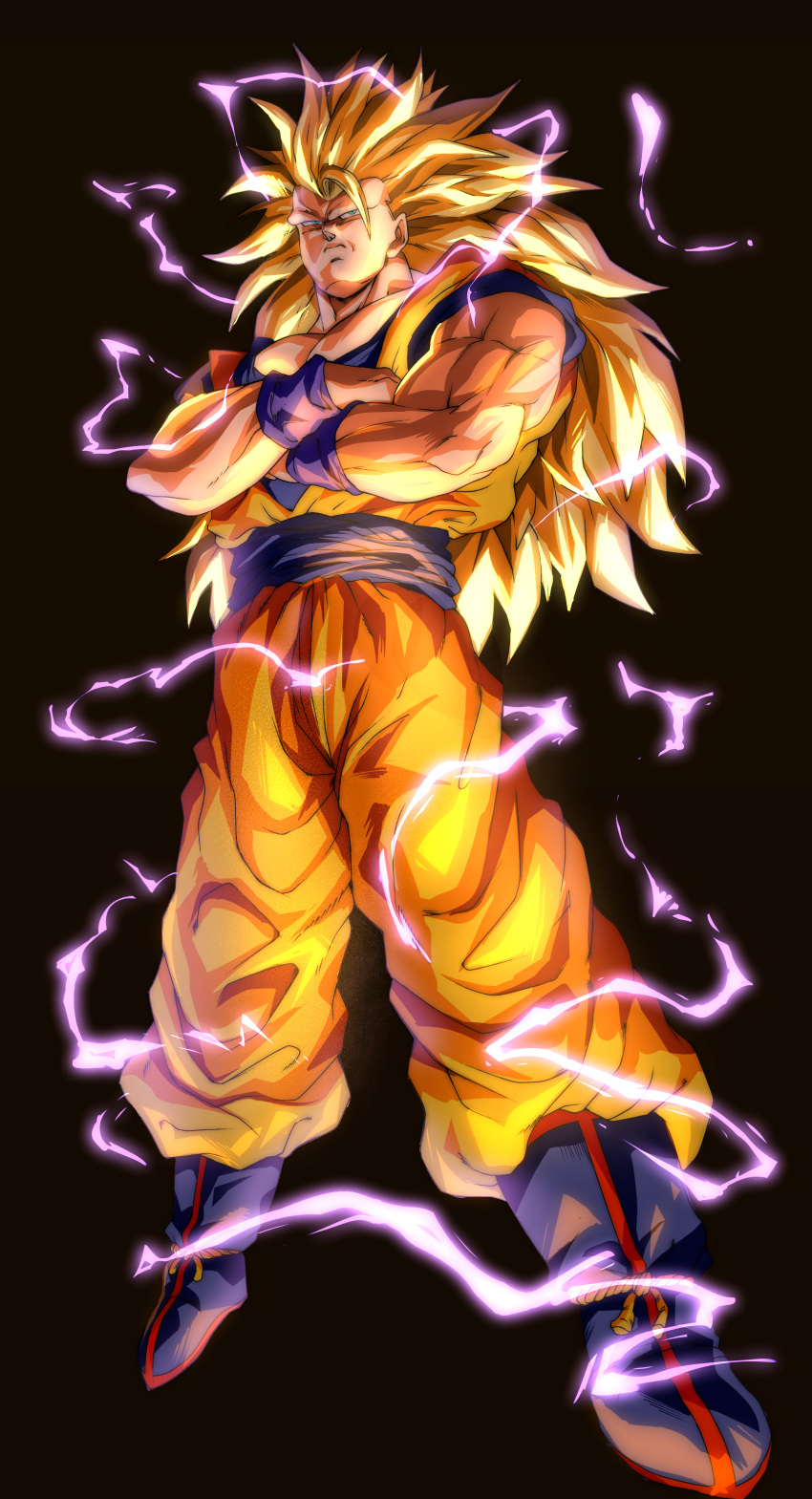 1boy, absurdres, baggy_pants, biceps, black_background, blonde_hair, blue_eyes, blue_footwear, blue_sash, boots, closed_mouth, commentary_request, crossed_arms, dougi, dragon_ball, dragon_ball_z, electricity, energy, full_body, glaring, highres, kouji08250, long_hair, looking_at_viewer, male_focus, muscular, muscular_male, orange_pants, pants, pectorals, sash, serious, simple_background, solo, son_goku, spiky_hair, super_saiyan, super_saiyan_3, wristband