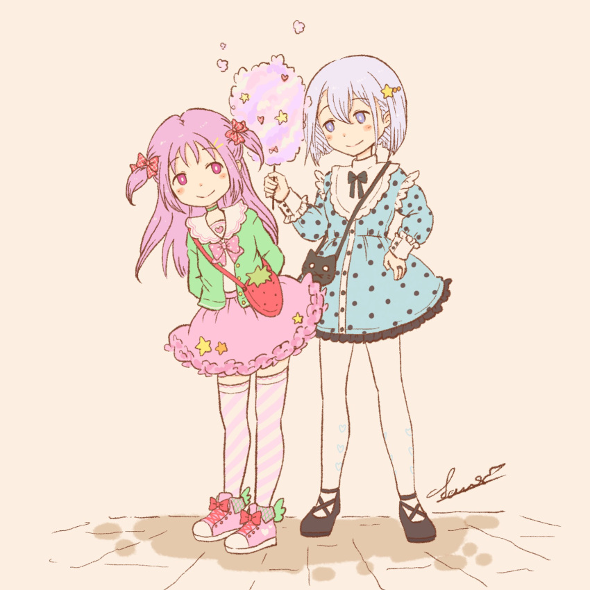 2girls, alternate_costume, arms_behind_back, bangs, blush, bow, cotton_candy, dress