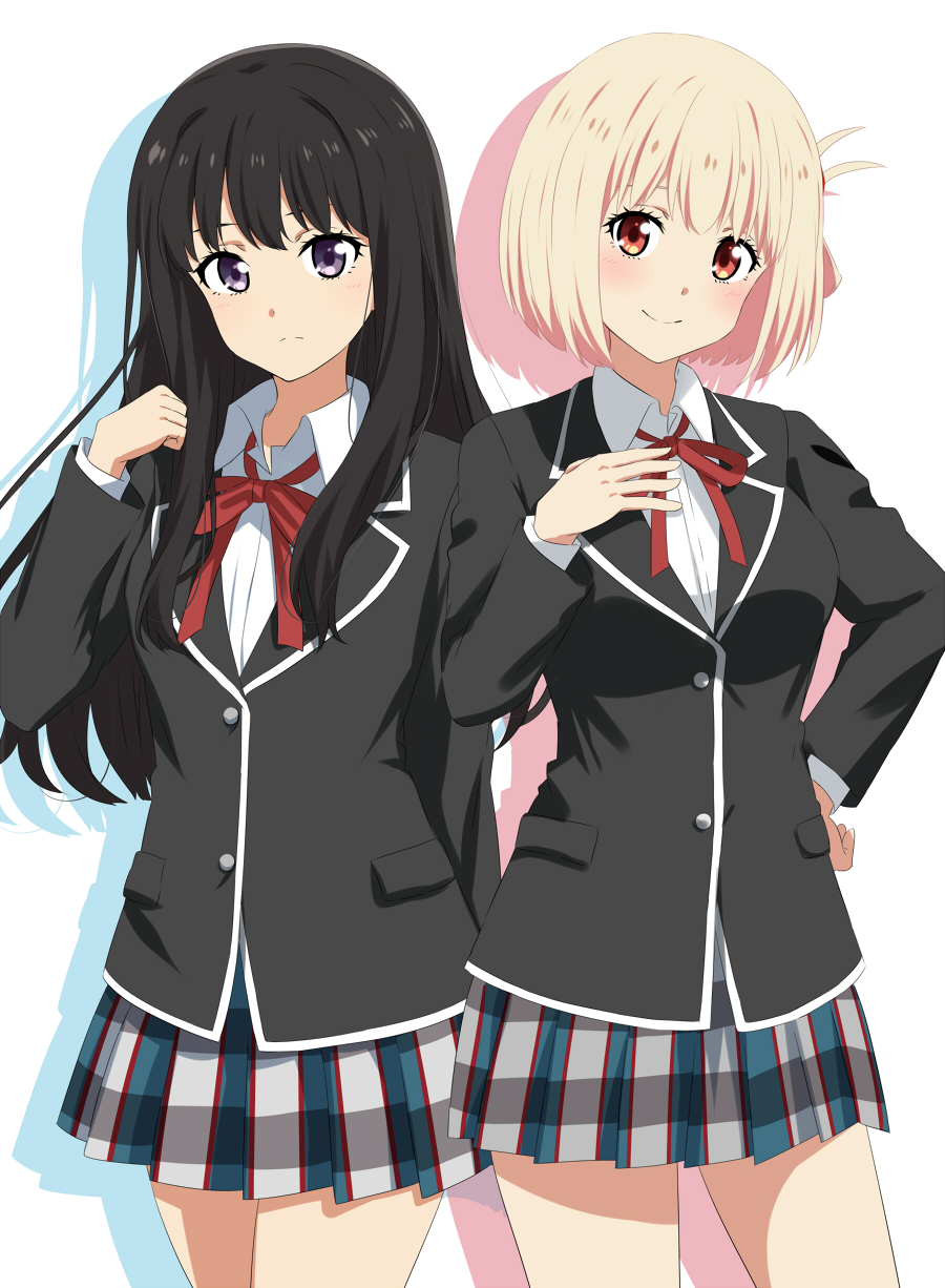 2girls, alternate_costume, bangs, black_hair, black_jacket, blazer, blonde_hair, blush