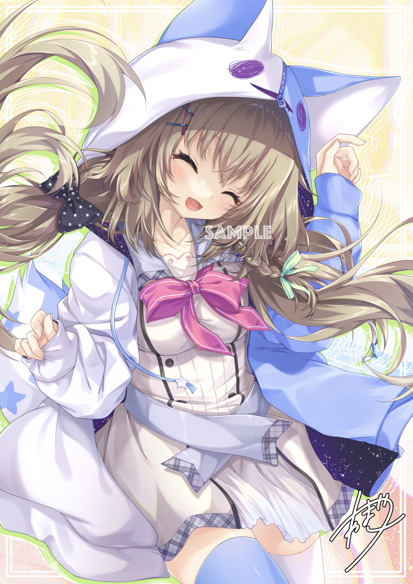 1girl, 9_-nine-_kokonotsu_kokonoka_kokonoiro, absurdres, amatsuji, animal_ears, arms_up, asymmetrical_legwear, bangs