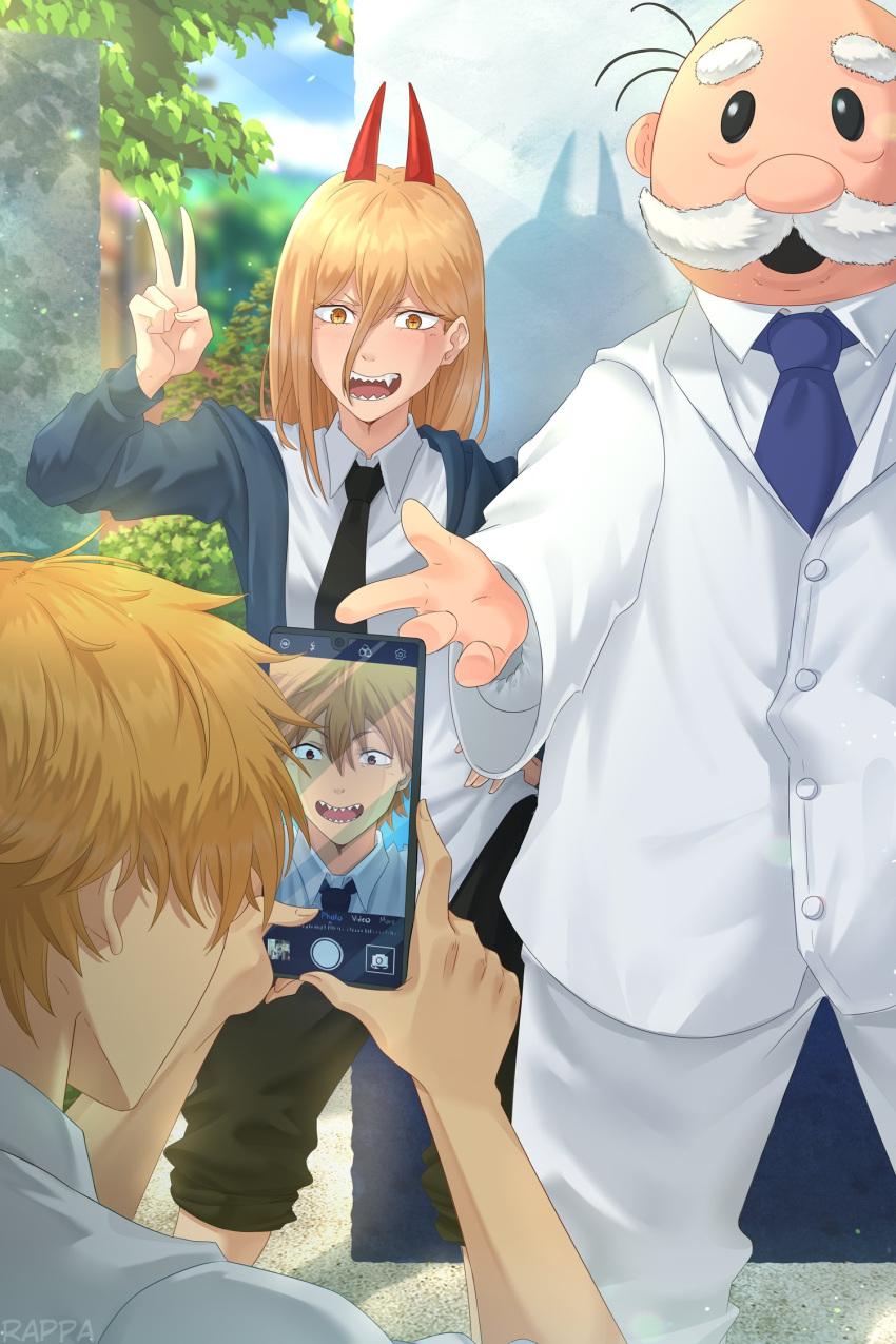1girl, 2boys, bald, bangs, black_necktie, blonde_hair, blue_jacket, blue_necktie