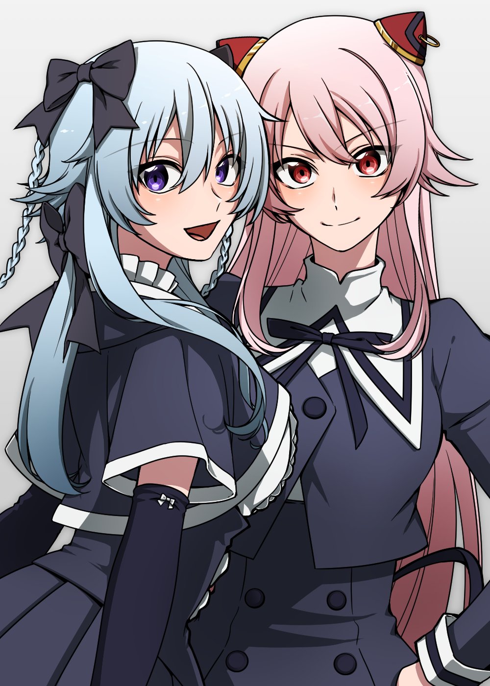 >:), 2girls, :d, arms_at_sides, assault_lily, bangs, black_bow, black_ribbon