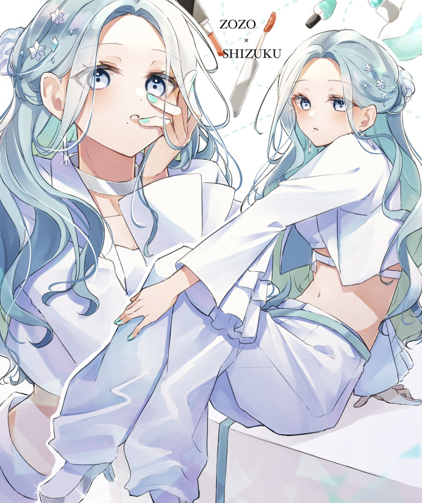 1girl, blue_eyes, blue_hair, blue_nails, crossed_legs, earrings, fashion, hair_ornament