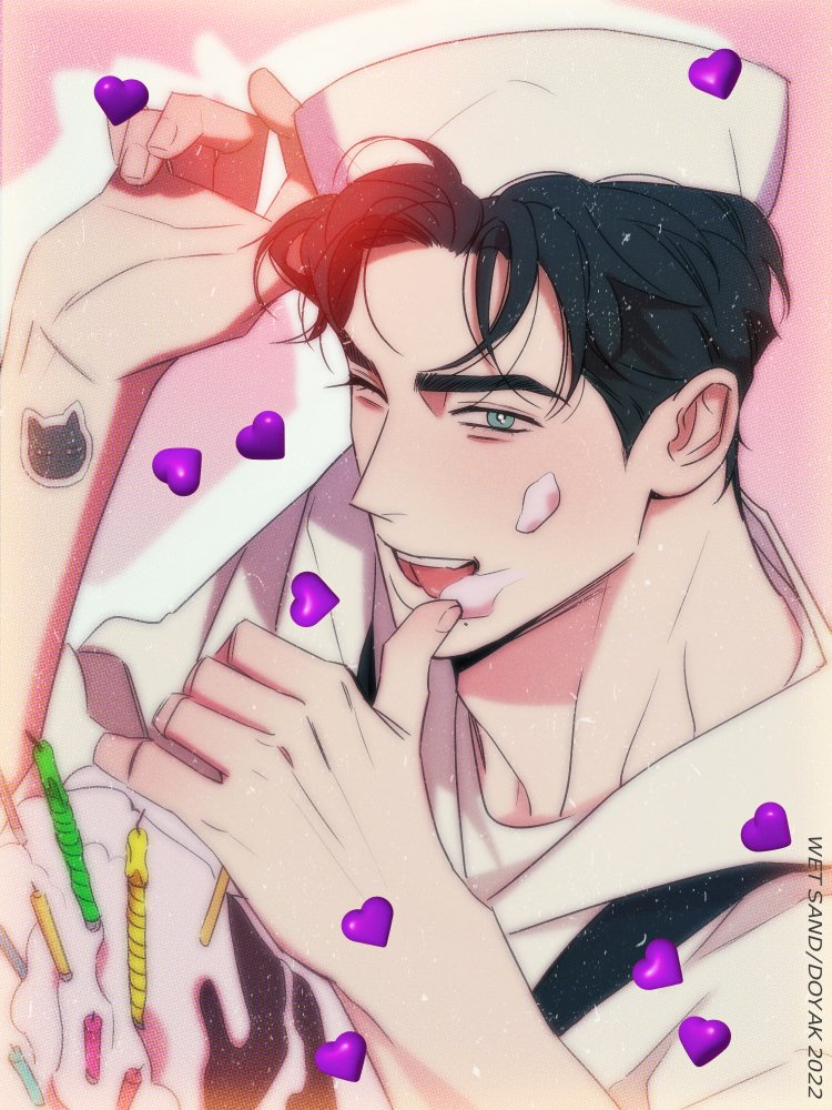 1boy, aqua_eyes, artist_name, birthday_cake, black_hair, cake, candle, candle_wax, commentary, copyright_name, cream, cream_on_face, dkbyak, food, food_on_face, grin, happy_birthday, hat, heart, joseph_landi, korean_commentary, licking, mole, one_eye_closed, open_mouth, pink_background, sailor, sailor_collar, sailor_hat, sailor_shirt, shirt, smile, solo, sticker_on_arm, thick_eyebrows, thumb_to_mouth, wet_sand, white_headwear, white_sailor_collar, white_shirt