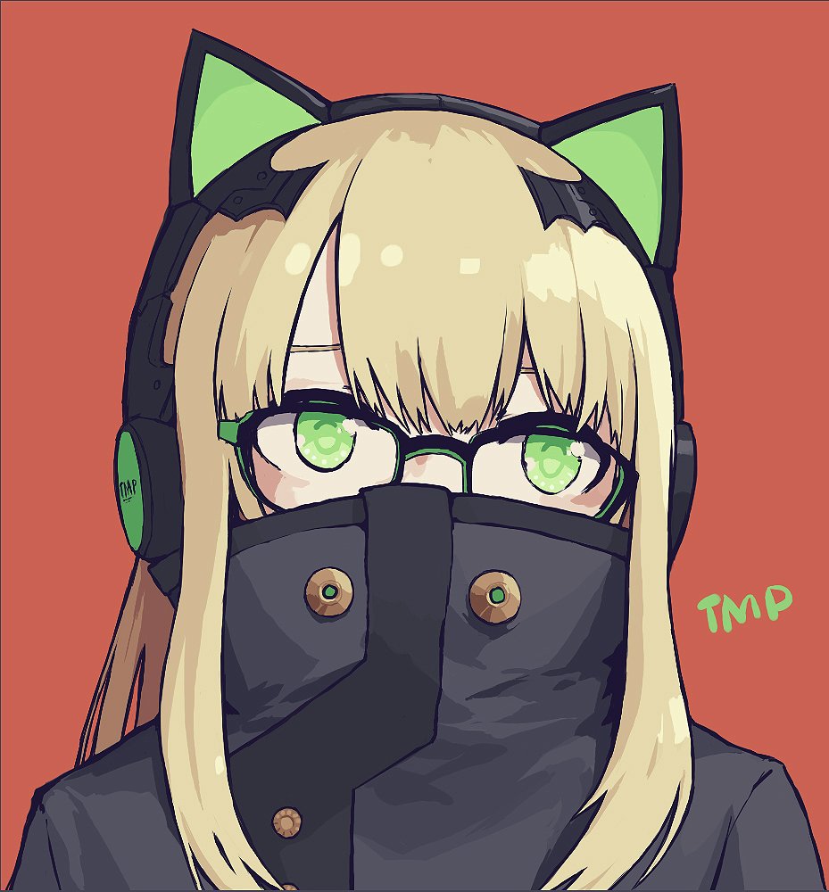 1girl, animal_ear_headphones, animal_ears, bangs, bespectacled, black-framed_eyewear, blonde_hair, cat_ear_headphones
