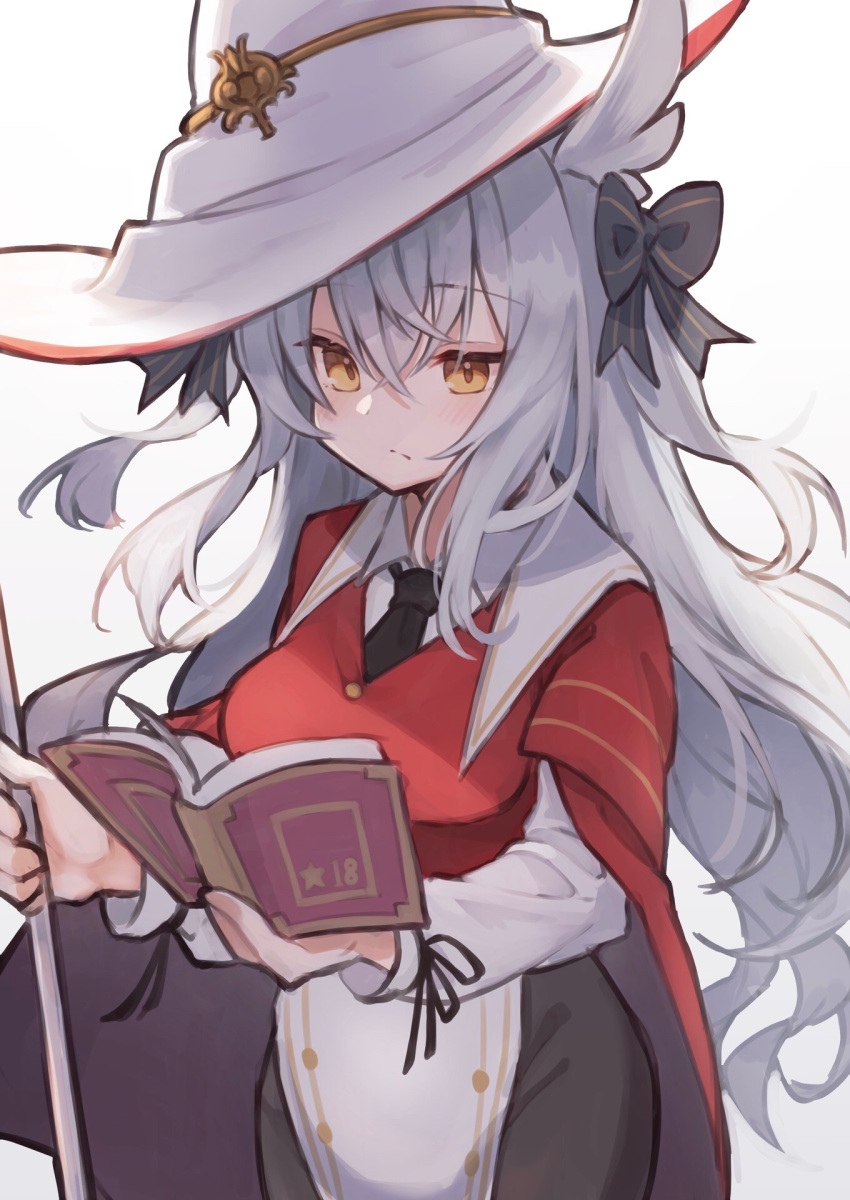 1girl, austerlitz_(mist_train_girls), bangs, black_bow, black_pantyhose, book, bow, breasts