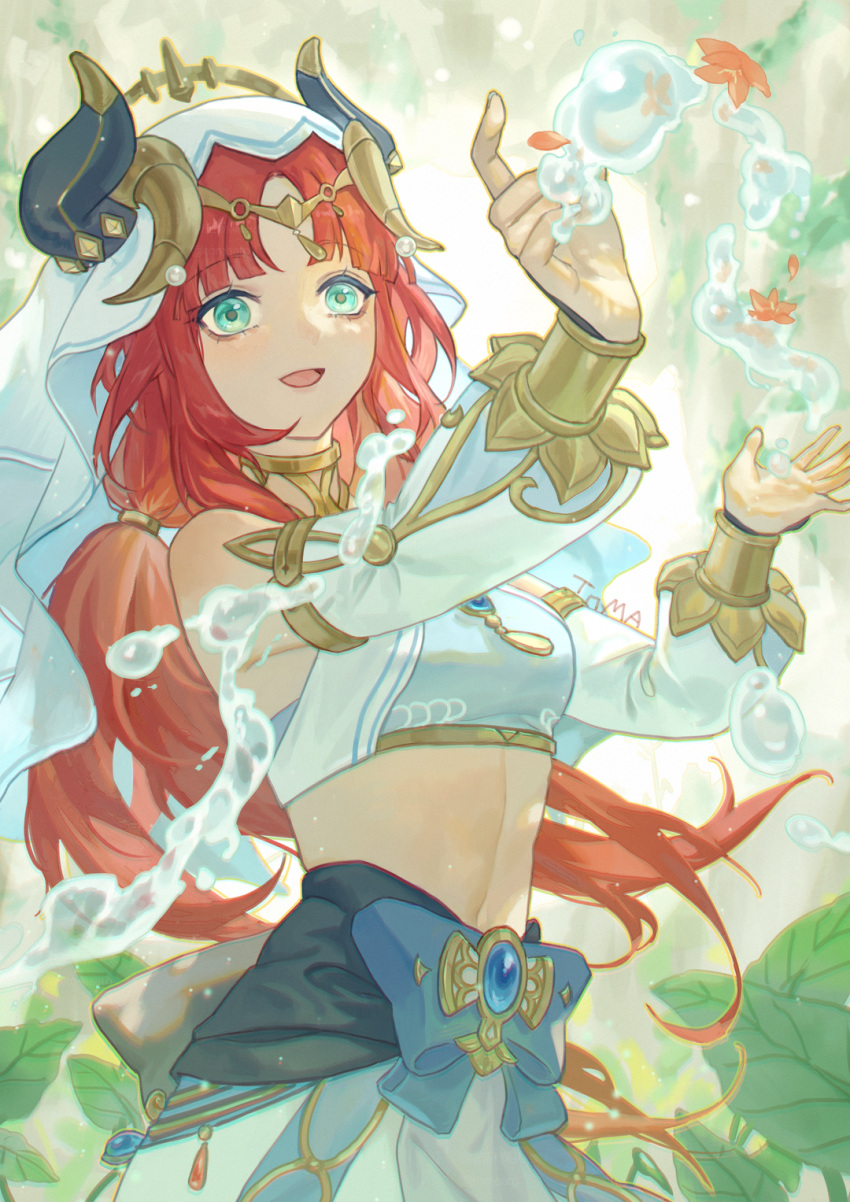 1girl, :d, anmaki, aqua_eyes, bangs, bare_shoulders, blue_bow, blue_gemstone, blue_skirt, blurry, blurry_background, bow, bracer, breasts, brooch, circlet, commentary, cowboy_shot, crop_top, detached_sleeves, english_commentary, fake_horns, floating_hair, flower, gem, genshin_impact, gold_trim, hands_up, highres, horns, hydrokinesis, index_finger_raised, jewelry, leaf, linea_alba, long_hair, long_sleeves, looking_at_viewer, low_twintails, medium_breasts, neck_ring, nilou_(genshin_impact), open_mouth, outstretched_hand, parted_bangs, puffy_long_sleeves, puffy_sleeves, redhead, skirt, smile, solo, twintails, veil, water, white_headwear, white_sleeves