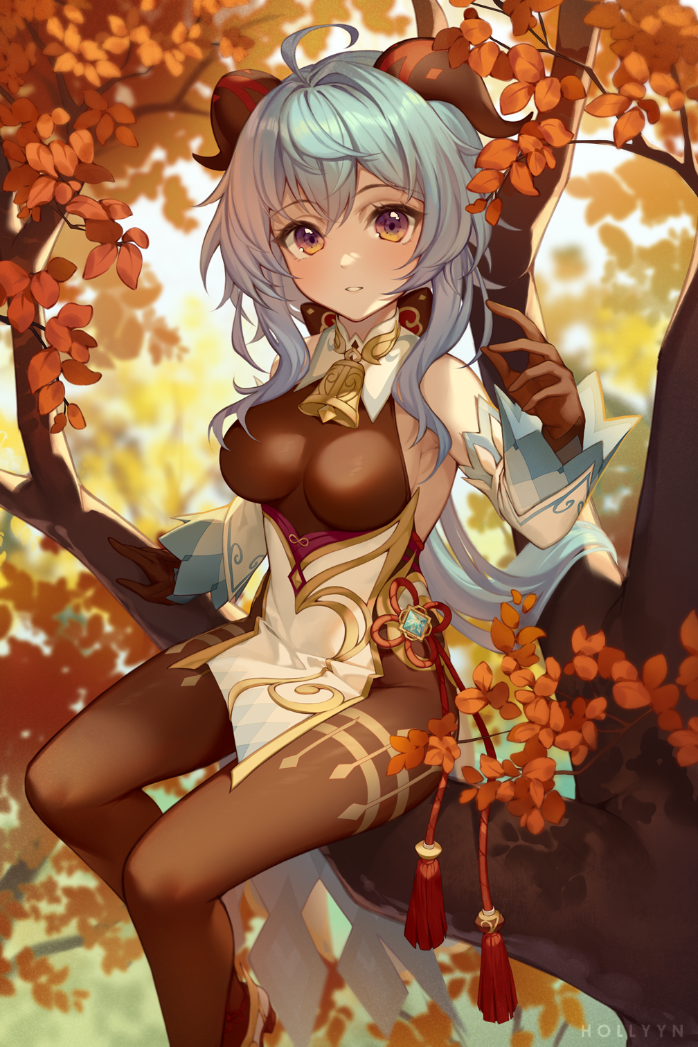 1girl, ahoge, artist_name, autumn, autumn_leaves, bangs, bare_shoulders, bell