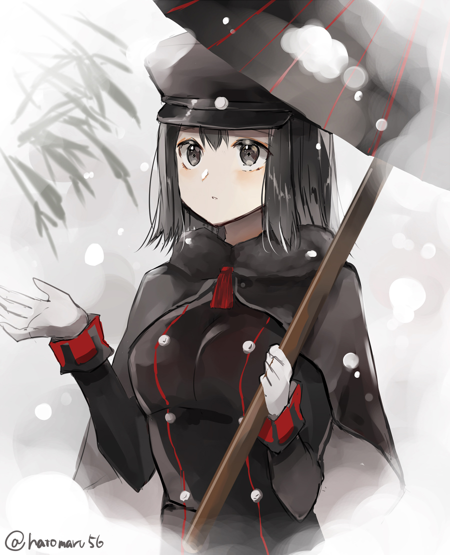 1girl, akitsu_maru_(kancolle), akitsu_maru_kai_(kancolle), black_eyes, black_hair, black_headwear, breasts, gloves