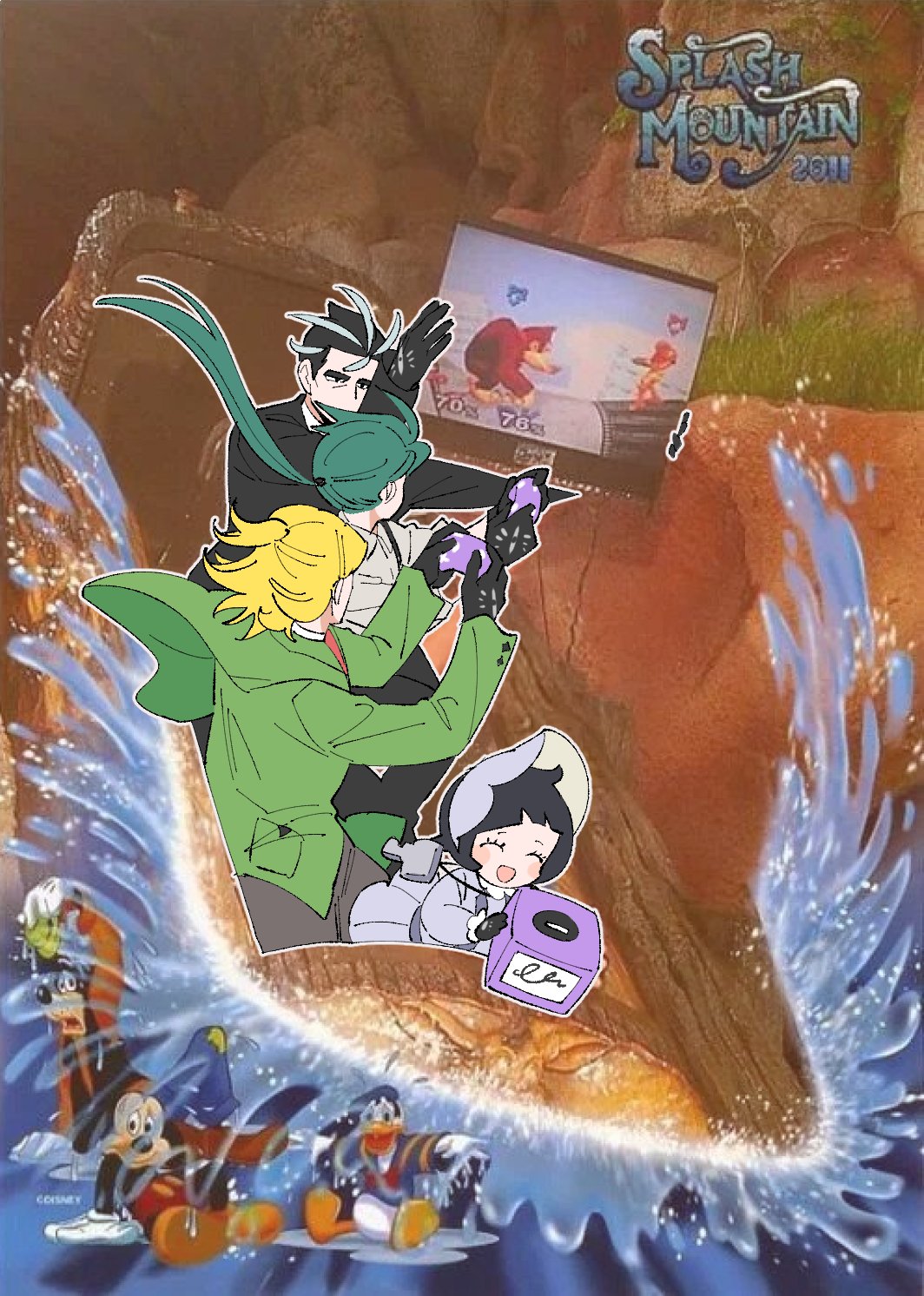 2boys, 2girls, :d, ^_^, bangs, black_gloves, black_hair, blonde_hair, blush, boat, bonnet, bow, cable, closed_eyes, game_console, gamecube, gamecube_controller, gloves, green_hair, green_jacket, grey_hair, half_updo, hassel_(pokemon), highres, holding, jacket, jewelry, key_necklace, larry_(pokemon), long_hair, low_ponytail, multicolored_hair, multiple_boys, multiple_girls, necklace, open_mouth, photo_background, playing_games, pokemon, pokemon_(game), pokemon_sv, poppy_(pokemon), purple_headwear, rika_(pokemon), sitting, smile, splash_mountain, st_(kjyj1213), streaked_hair, super_smash_bros., television, very_long_hair, water_slide, watercraft, white_bow