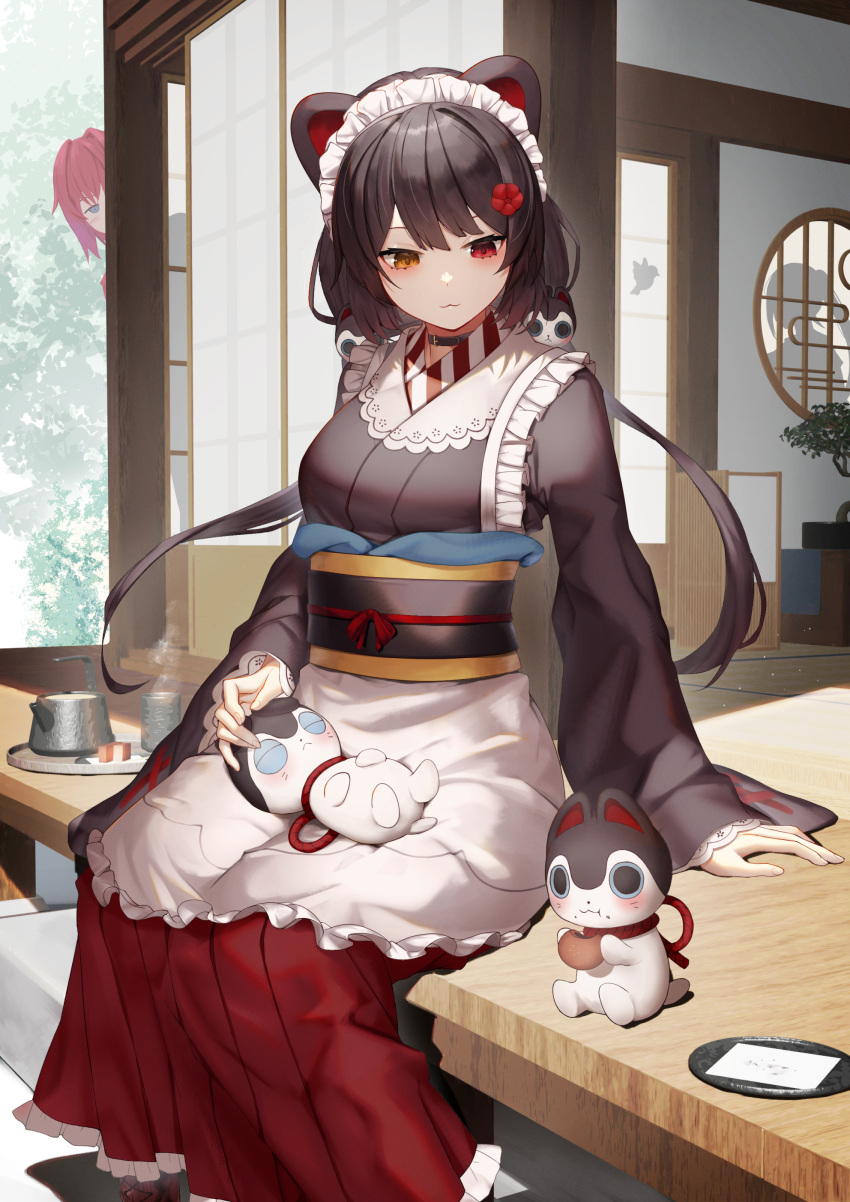 2girls, absurdres, ange_katrina, animal_ears, animal_on_lap, apron, bangs, brown_eyes