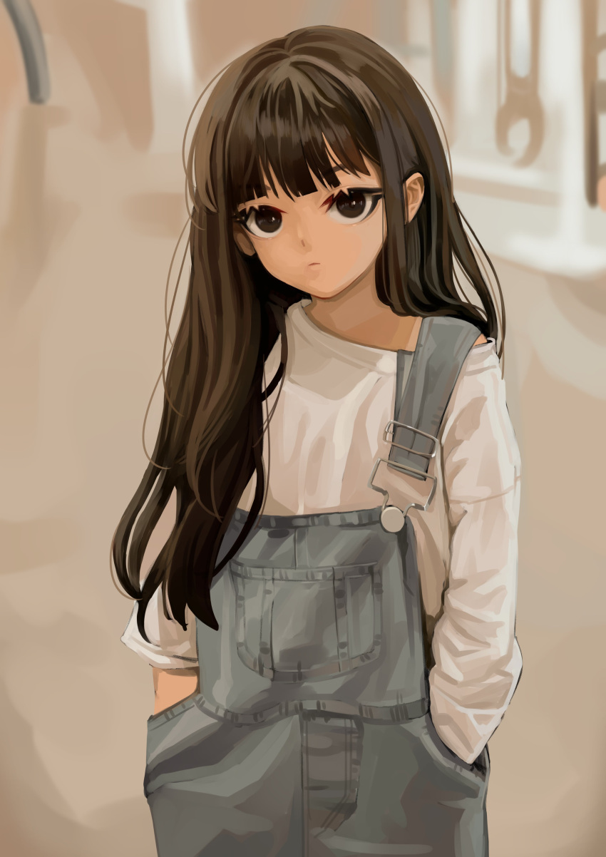 1girl, absurdres, bangs, blue_overalls, blunt_bangs, brown_eyes, brown_hair, ch1ckpyo