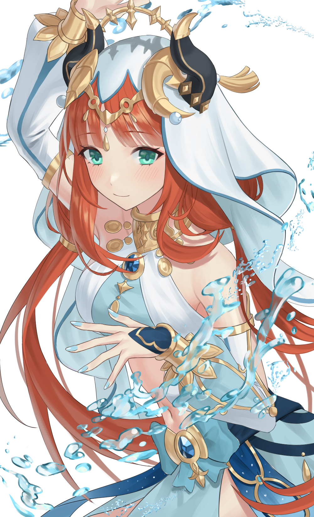 1girl, aqua_eyes, bangs, bare_shoulders, blue_gemstone, blue_nails, blunt_bangs, breasts, cowboy_shot, crop_top, dalmo_(pafe2444), detached_sleeves, fake_horns, gem, genshin_impact, gold_trim, harem_outfit, highres, horns, light_blush, long_hair, long_sleeves, low_twintails, medium_breasts, nail_polish, nilou_(genshin_impact), puffy_long_sleeves, puffy_sleeves, redhead, smile, solo, twintails, veil, water, white_background, white_headwear