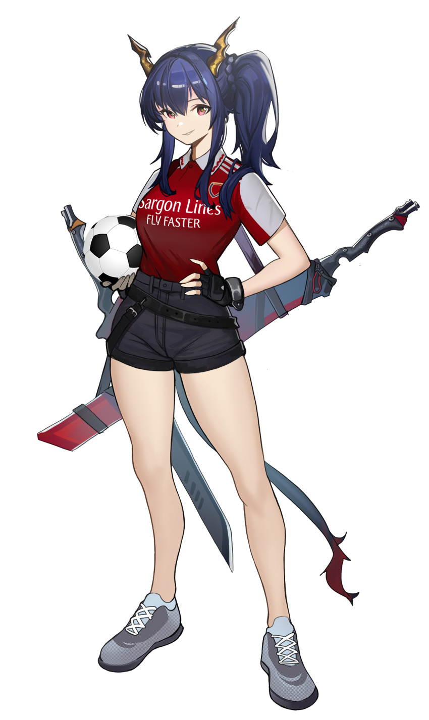1girl, arknights, arsenal_fc, ball, black_shorts, blue_hair, ch'en_(arknights), distr