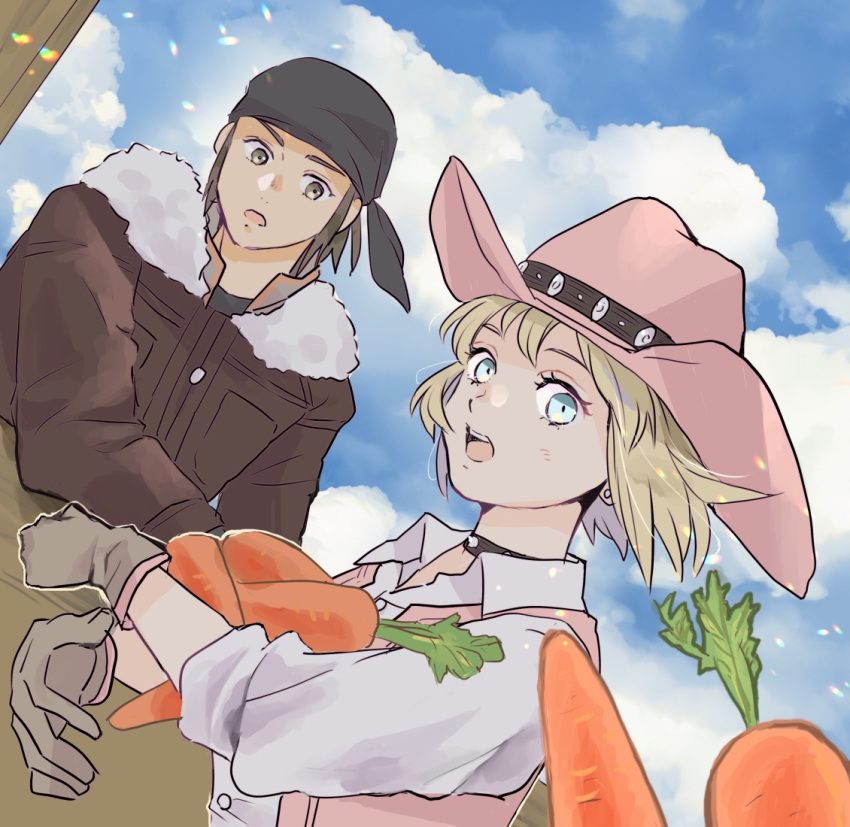 barts_(suikoden), blonde_hair, blue_eyes, blue_sky, carrot, clouds, cowboy_hat, earrings, gensou_suikoden, gensou_suikoden_iii, gloves, hat, jewelry, kathy_(suikoden), konomi_(leaf_sugar), short_hair, sky, surprised