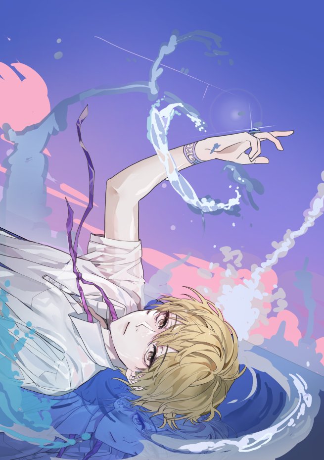 1boy, arm_up, bangs, blonde_hair, bracelet, closed_mouth, clouds, commentary_request, debwi_mos_hamyeon_jugneun_byeong_geollim, dutch_angle, hair_between_eyes, jewelry, korean_commentary, looking_at_viewer, lying, male_focus, on_back, park_moondae, reflection, ring, ruian_hama, shirt, short_hair, short_sleeves, solo, upper_body, water, white_shirt, yellow_eyes