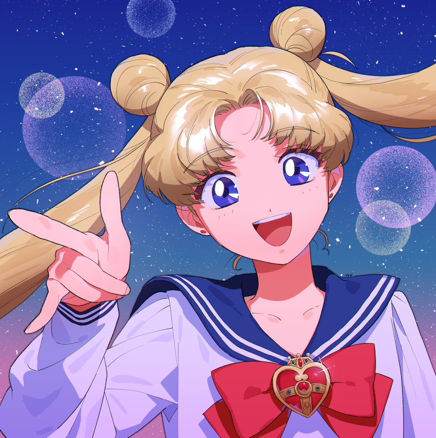 1girl, absurdres, bishoujo_senshi_sailor_moon, blonde_hair, blue_sailor_collar, bow, earrings, highres, jewelry, open_mouth, popogano, red_bow, sailor_collar, solo, teeth, tsukino_usagi, upper_teeth_only