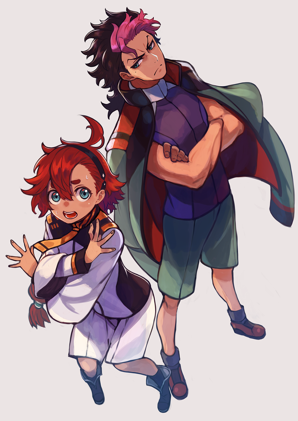 1boy, 1girl, ahoge, aqua_eyes, asticassia_school_uniform, black_hairband, blue_eyes, boots