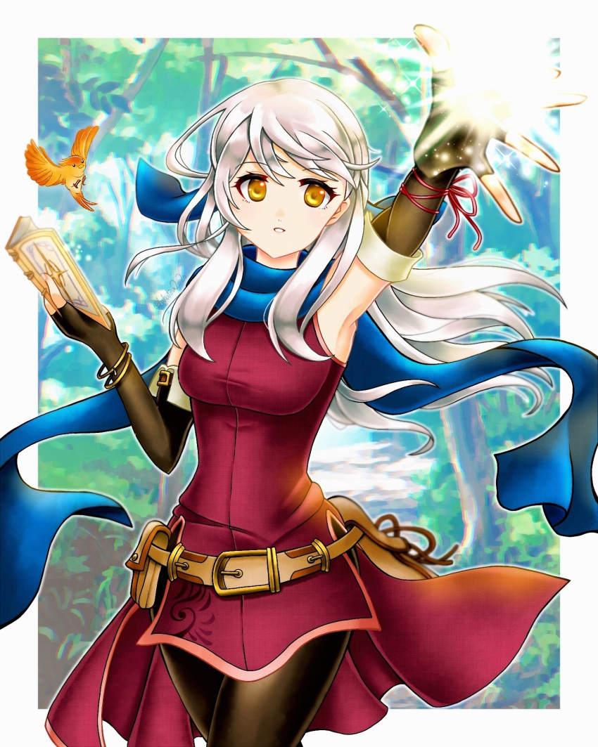 1girl, arm_up, armpits, bangs, bare_shoulders, belt, bird, black_gloves, black_leggings, blue_scarf, book, border, bracelet, cowboy_shot, dress, elbow_gloves, fingerless_gloves, fire_emblem, fire_emblem:_radiant_dawn, foreshortening, gloves, grey_hair, hair_ribbon, hakutou2020, half_updo, highres, holding, holding_book, jewelry, leggings, long_hair, micaiah_(fire_emblem), reaching_towards_viewer, ribbon, scarf, side_slit, sleeveless, sleeveless_dress, solo, white_border, yellow_eyes, yune_(fire_emblem)