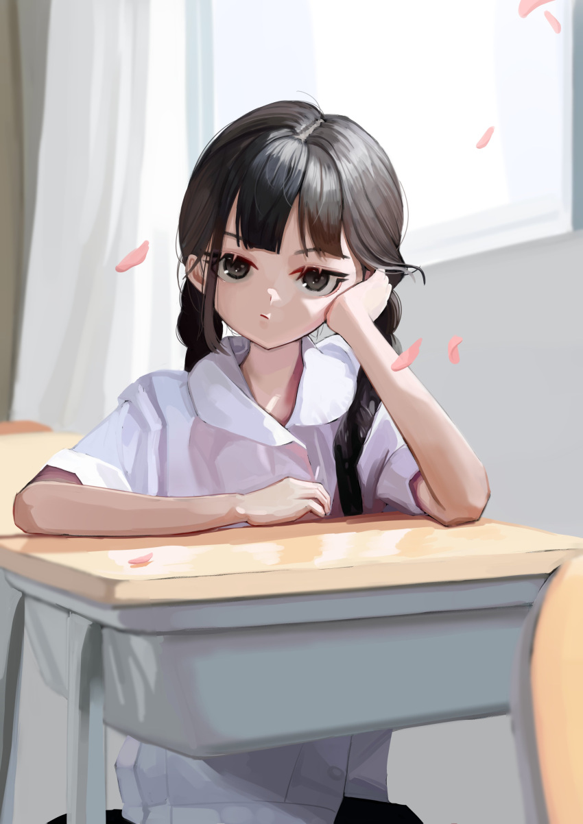 1girl, absurdres, bangs, black_hair, braid, ch1ckpyo, cherry_blossoms, closed_mouth, collared_shirt, curtains, desk, falling_petals, frown, grey_eyes, hand_on_own_cheek, hand_on_own_face, head_rest, highres, indoors, long_hair, looking_at_viewer, original, petals, school_desk, shirt, short_sleeves, sitting, solo, twin_braids, twintails, white_shirt, window