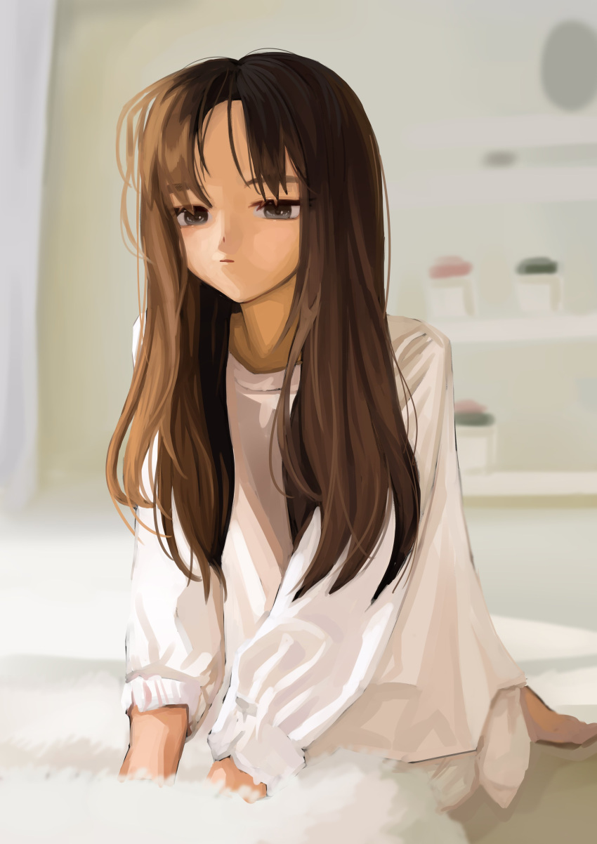 1girl, absurdres, bangs, barefoot, blurry, blurry_background, brown_hair, ch1ckpyo