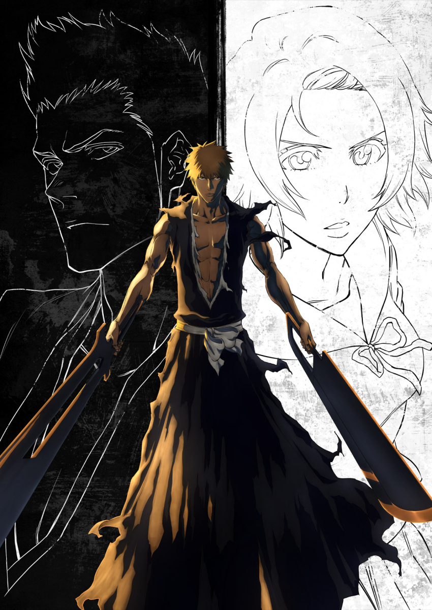 1girl, 2boys, abs, aged_down, bleach, bleach:_the_thousand-year_blood_war, closed_mouth, collarbone