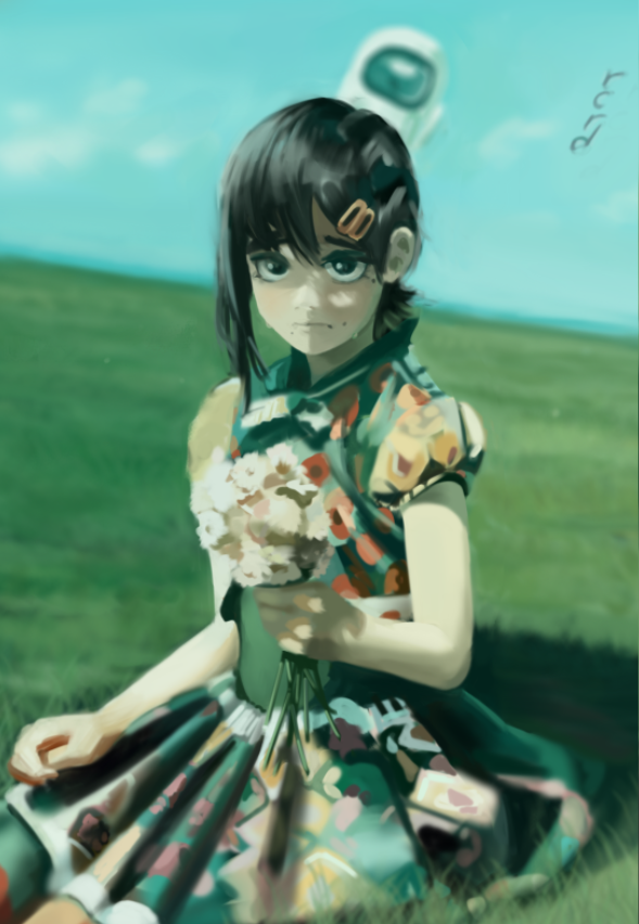 1girl, 1other, among_us, astronaut, bangs, black_hair, blue_sky, blurry, blurry_background, chainsaw_man, dana_(ocana_dana), dress, floral_print, flower, green_dress, hair_ornament, hairclip, hell_(chainsaw_man), higashiyama_kobeni, holding, holding_flower, light_frown, looking_at_viewer, medium_hair, mole, mole_under_eye, mole_under_mouth, multiple_moles, on_grass, outdoors, photo-referenced, puffy_short_sleeves, puffy_sleeves, short_ponytail, short_sleeves, single_sidelock, sitting, sky, solo_focus, solway_firth_spaceman, space_helmet, sweat, swept_bangs