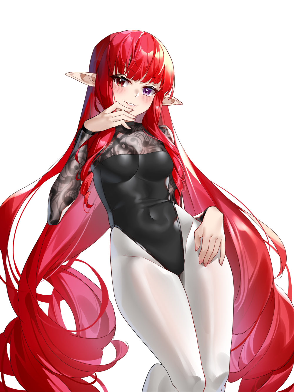 1girl, ahoge, black_leotard, blush, breasts, character_request, check_character, covered_navel