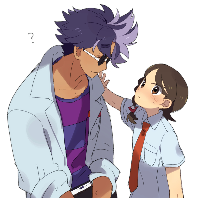 1boy, 1girl, ?, blush, braid, breast_pocket, brown_eyes, brown_hair