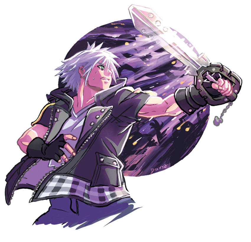 1boy, aqua_eyes, artist_name, black_gloves, black_jacket, blue_pants, clenched_teeth, cowboy_shot