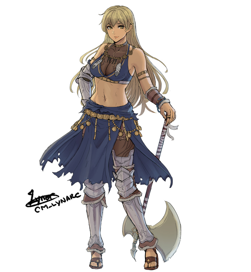 1girl, absurdres, alternate_costume, armlet, armor, axe, blonde_hair, cm_lynarc
