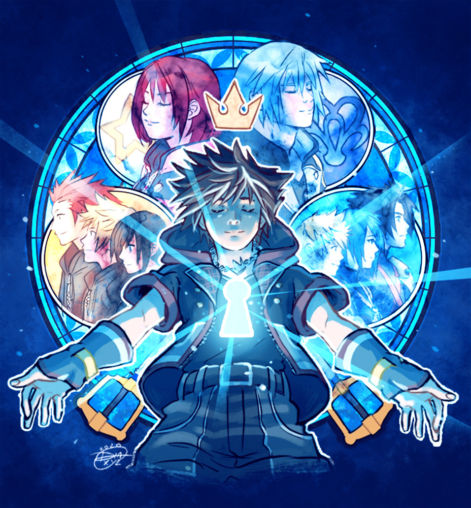 3girls, 6+boys, aqua_(kingdom_hearts), axel_(kingdom_hearts), bangs, black_hair, black_robe, blonde_hair, blue_hair, brown_hair, chain_necklace, closed_eyes, crown, diana_mercolini, grey_hair, hair_between_eyes, hair_slicked_back, hood, hooded_jacket, jacket, jewelry, kairi_(kingdom_hearts), kingdom_hearts, kingdom_hearts_iii, medium_hair, multiple_boys, multiple_girls, necklace, outstretched_arms, parted_bangs, profile, redhead, riku_(kingdom_hearts), robe, roxas, short_hair, short_sleeves, signature, smile, sora_(kingdom_hearts), spiky_hair, stained_glass, terra_(kingdom_hearts), upper_body, ventus_(kingdom_hearts), xion_(kingdom_hearts)