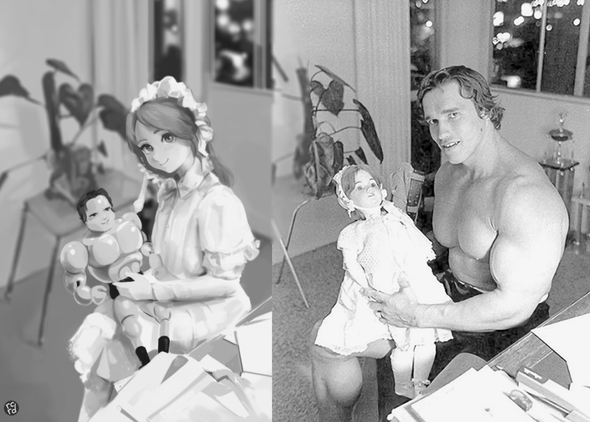 arnold_schwarzenegger, blurry, blurry_background, contrast, dana_(ocana_dana), doll, dress, greyscale