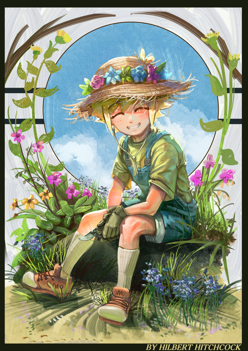 1boy, absurdres, artist_name, basil_(omori), blonde_hair, blue_overalls, blush, closed_eyes, facing_viewer, gloves, green_gloves, green_shirt, grin, hat, highres, hilbert_hitchcock, omori, overall_shorts, overalls, parted_lips, red_footwear, shirt, shoes, short_hair, short_sleeves, sitting, smile, sneakers, socks, solo, sun_hat, teeth, white_socks