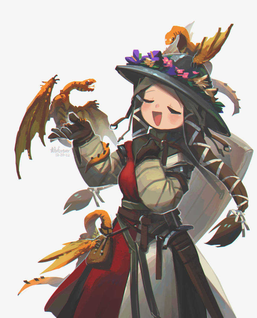 1girl, absurdres, animal_on_head, borrowed_character, brown_gloves, brown_hair, closed_eyes, dated
