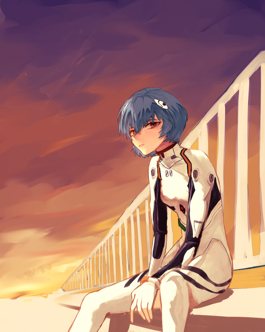 1girl, absurdres, ayanami_rei, blue_hair, bodysuit, breasts, clouds, cloudy_sky, headgear, highres, interface_headset, neon_genesis_evangelion, orange_sky, oranumu, pilot_suit, plugsuit, red_eyes, science_fiction, short_hair, sitting, sky, solo, sunset, white_bodysuit