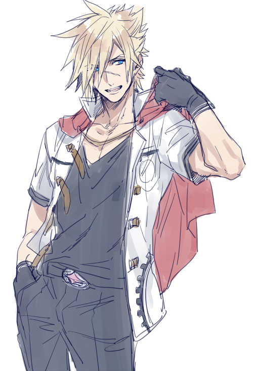 1boy, adjusting_clothes, belt_buckle, black_gloves, black_pants, black_shirt, blonde_hair, blue_eyes
