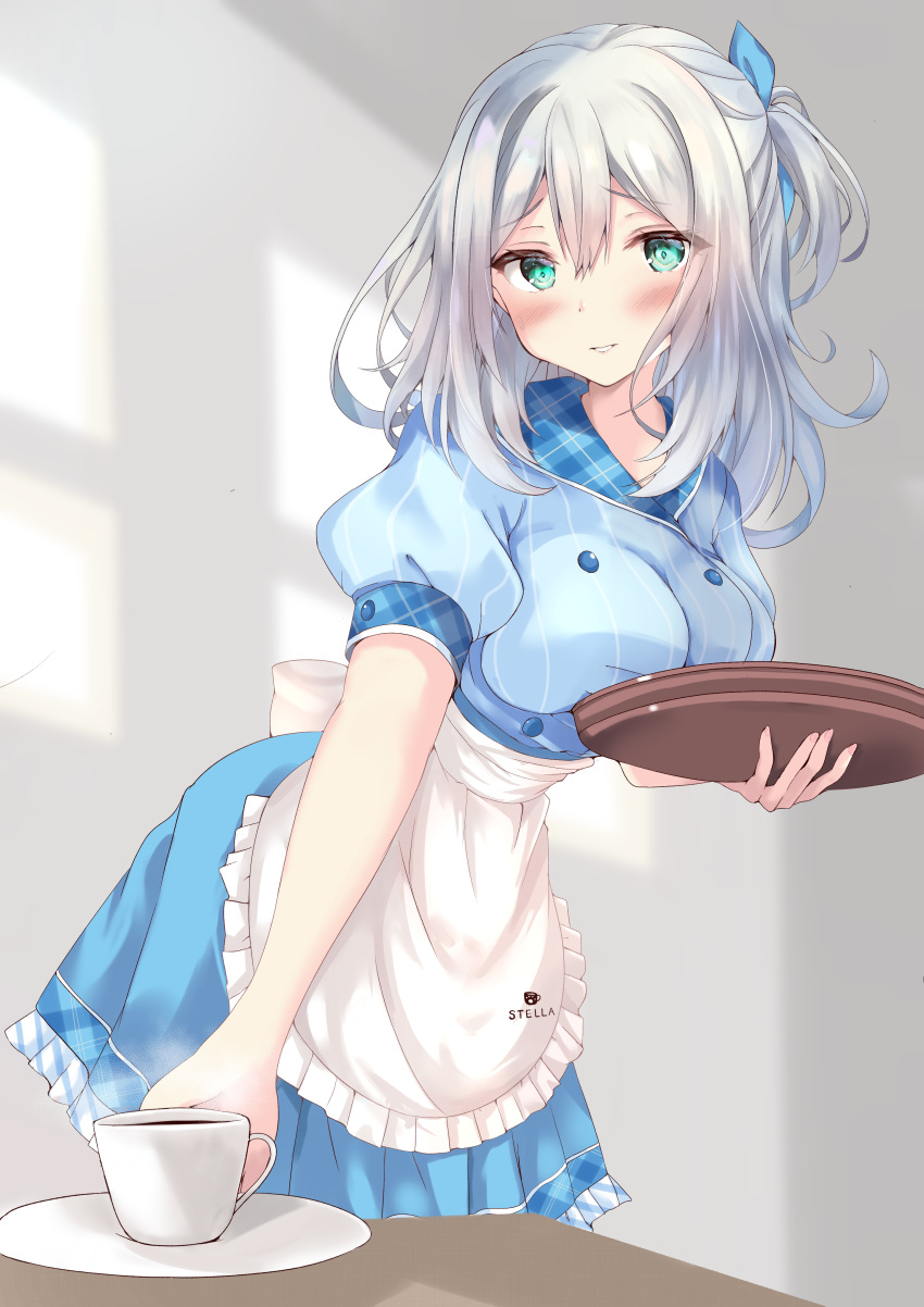 1girl, absurdres, apron, aqua_hair, bangs, blue_ribbon, blue_skirt, blush