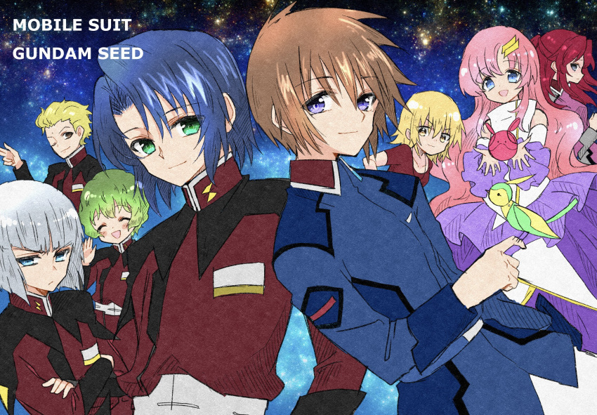 3girls, 5boys, aqua_eyes, athrun_zala, bangs, bare_shoulders, bird, bird_on_hand