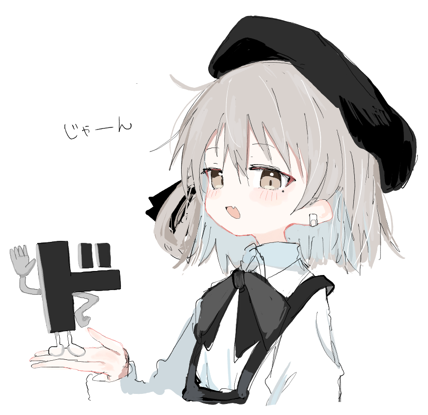 1girl, :d, beret, black_headwear, blush, brown_eyes, brown_hair, dojou-chan