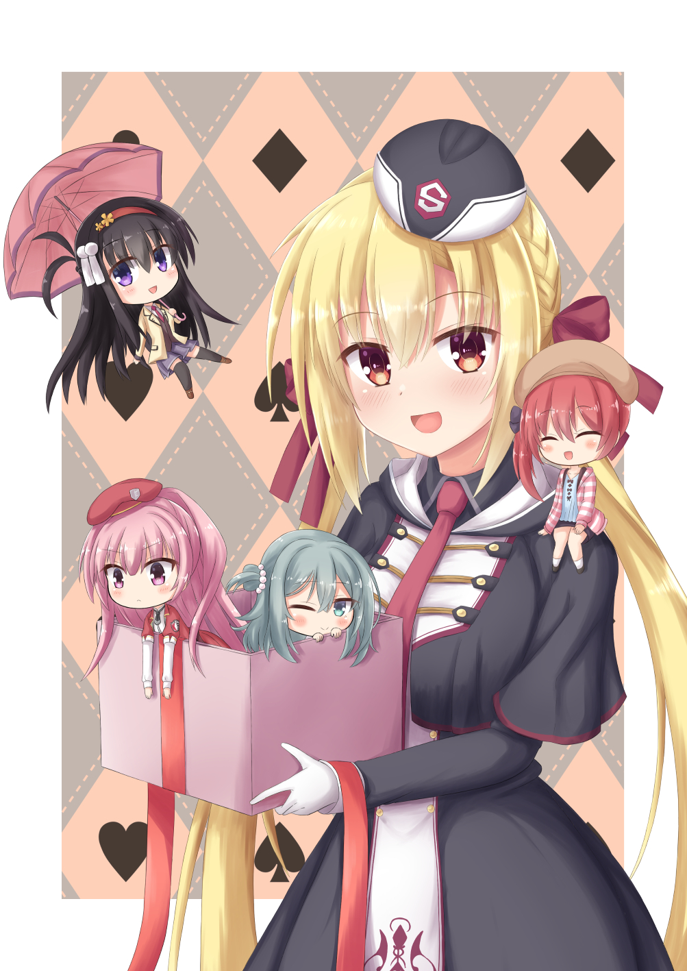 5girls, aqua_eyes, aqua_hair, argyle, argyle_background, arihara_nanami, bangs, beret