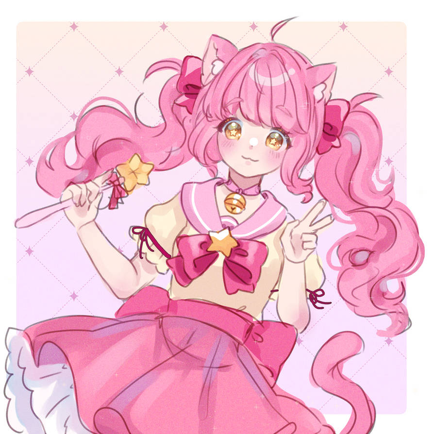 1other, :3, ahoge, airqui, animal_ears, back_bow, bangs, bell, blunt_bangs, blush, border, bow, bowtie, brooch, cat_ears, cat_other, cat_tail, choker, closed_mouth, cowboy_shot, frilled_skirt, frills, hair_bow, holding, holding_wand, jewelry, magical_star_(millie_(mahoustars)), neck_bell, original, pink_background, pink_bow, pink_bowtie, pink_choker, pink_hair, pink_sailor_collar, pink_skirt, puffy_short_sleeves, puffy_sleeves, sailor_collar, sailor_shirt, shirt, short_sleeves, sidelocks, skirt, solo, star_(symbol), star_in_eye, symbol_in_eye, tail, thick_eyebrows, tied_sleeves, twintails, v, waist_bow, wand, wavy_hair, white_border, yellow_eyes, yellow_shirt