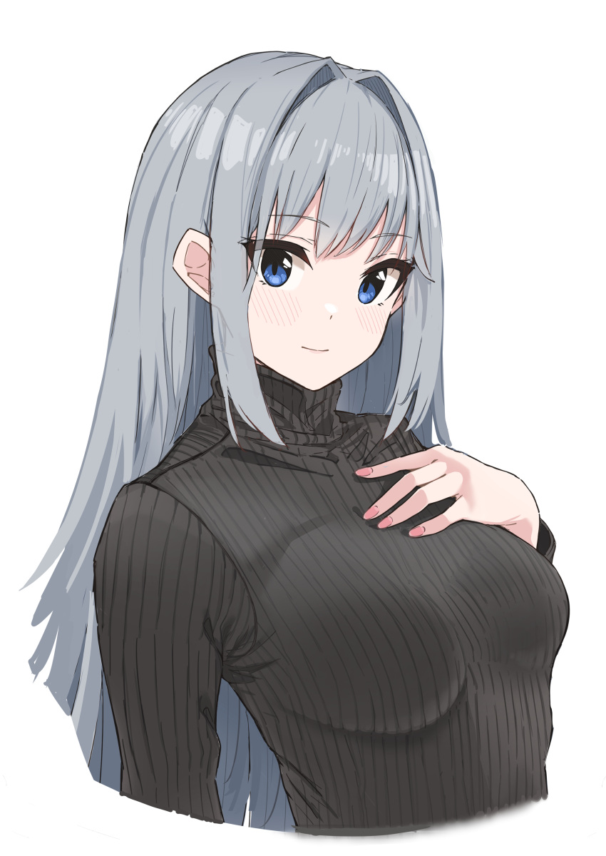 1girl, absurdres, aotsuba, black_sweater, blue_eyes, breasts, closed_eyes, ethel_(xenoblade), grey_hair, hair_intakes, hand_on_own_chest, highres, long_hair, long_sleeves, medium_breasts, pink_nails, ribbed_sweater, sidelocks, simple_background, smile, solo, sweater, turtleneck, turtleneck_sweater, upper_body, white_background, xenoblade_chronicles_(series), xenoblade_chronicles_3