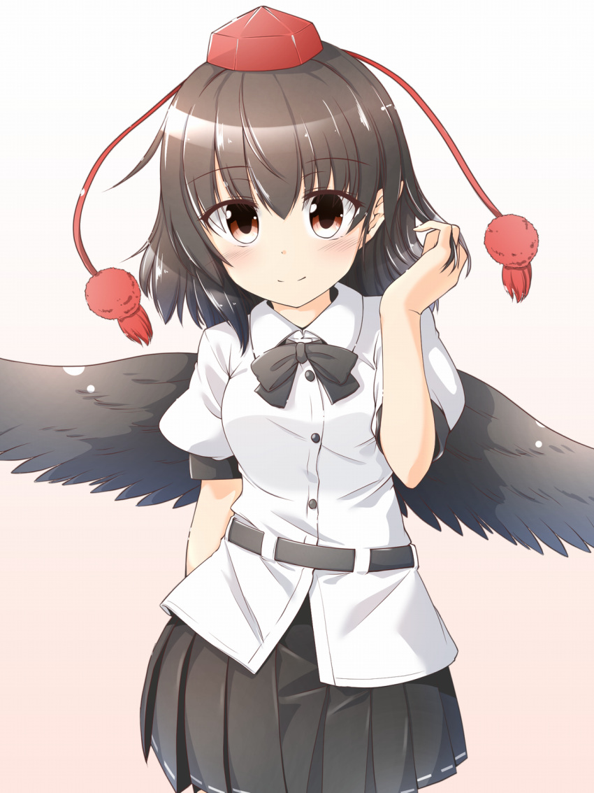 1girl, belt, black_belt, black_bow, black_bowtie, black_skirt, black_wings, bow
