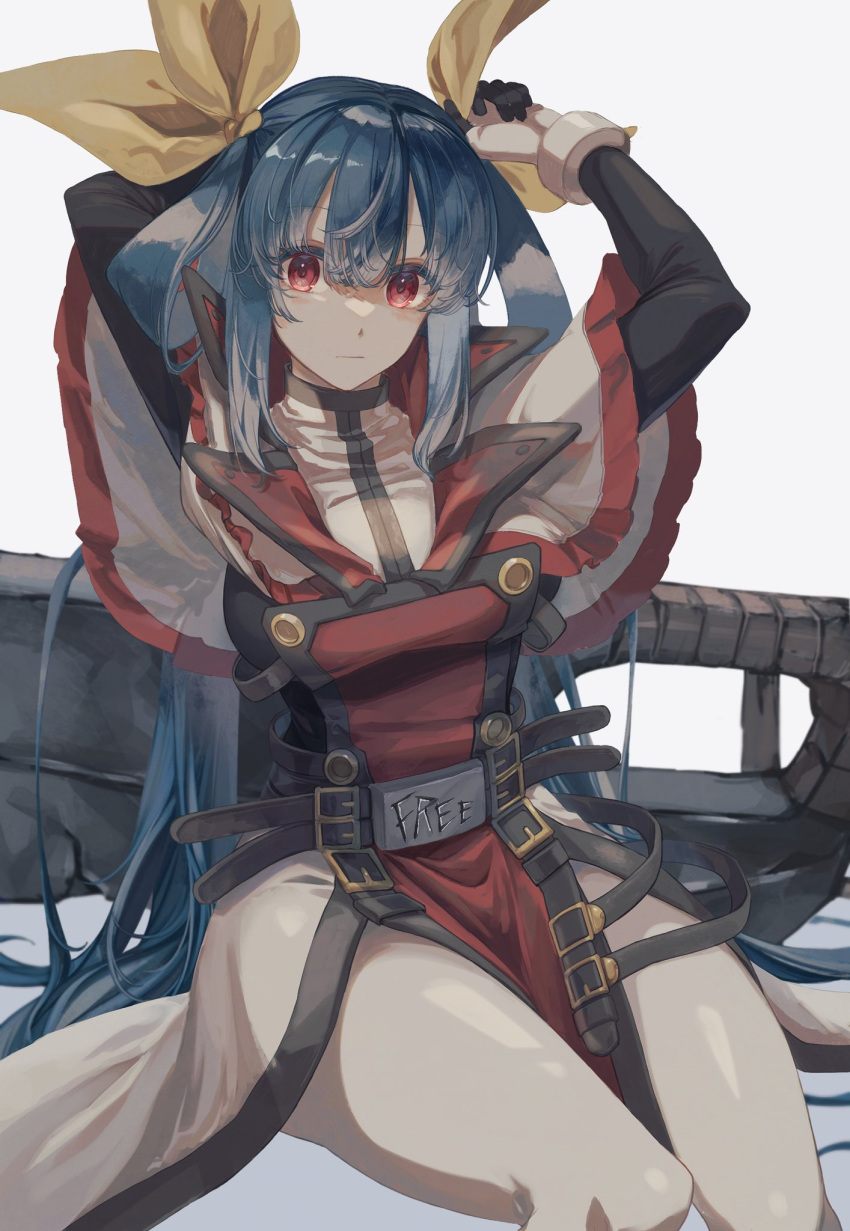 1girl, adjusting_bow, bangs, belt, black_bodysuit, blue_hair, bodysuit, bow, breasts, closed_mouth, commission, cosplay, dizzy_(guilty_gear), dress, english_text, fingerless_gloves, gloves, guilty_gear, guilty_gear_xx, hair_between_eyes, hair_ribbon, hair_rings, highres, huge_weapon, invisible_chair, large_breasts, long_hair, looking_at_viewer, multiple_belts, oeillet_vie, order-sol, order-sol_(cosplay), pelvic_curtain, red_dress, ribbon, shaded_face, sidelocks, simple_background, sitting, skeb_commission, sol_badguy, solo, thick_thighs, thigh-highs, thighs, twintails, tying, tying_hair, uniform, weapon, white_background, white_gloves, white_thighhighs, yellow_ribbon