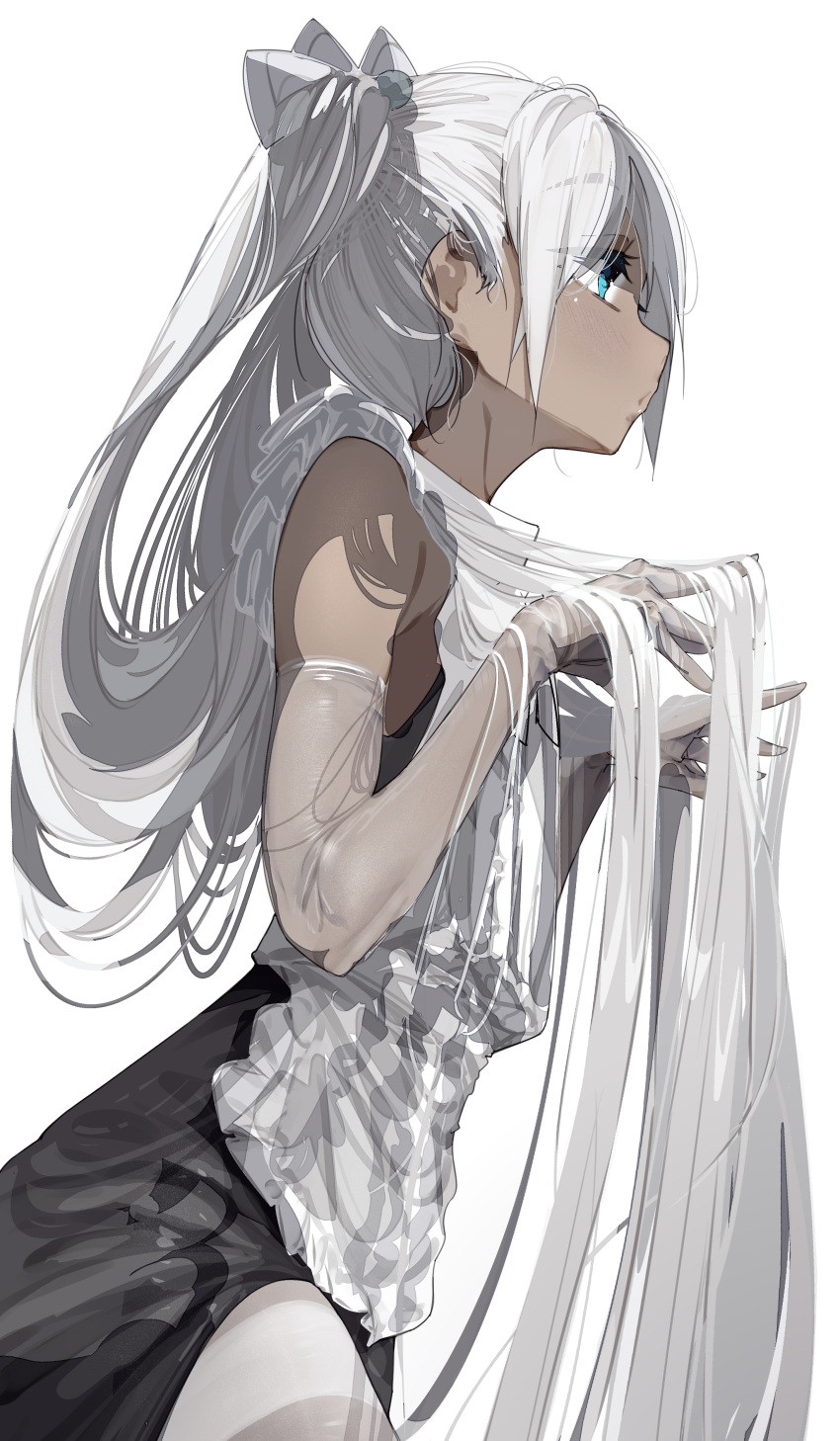 1girl, absurdres, blue_eyes, blush, dark-skinned_female, dark_skin, elbow_gloves, gloves
