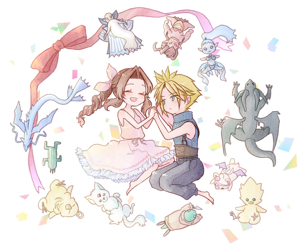 1boy, 1girl, aerith_gainsborough, aqua_eyes, baggy_pants, bahamut_(final_fantasy), bangs, bare_arms, bare_shoulders, barefoot, belt, blonde_hair, blue_pants, bluelimbo8888, blush, bow, braid, braided_ponytail, breasts, brown_belt, brown_hair, carbuncle_(final_fantasy), chibi, chocobo, closed_eyes, cloud_strife, dragon, dress, fat_chocobo, final_fantasy, final_fantasy_vii, final_fantasy_vii_remake, hair_ribbon, holding_hands, ifrit_(final_fantasy), kneeling, leviathan_(final_fantasy), long_hair, looking_at_another, moogle, multiple_belts, open_mouth, pants, parted_bangs, pink_dress, pink_ribbon, ramuh, red_bow, ribbon, sabotender, shiva_(final_fantasy), short_hair, sidelocks, sleeveless, sleeveless_dress, sleeveless_turtleneck, smile, spiky_hair, suspenders, tonberry, turtleneck